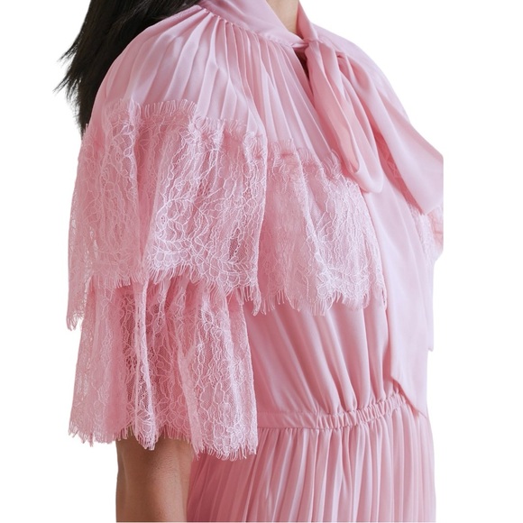 Pink Self-Portrait Lace-trimmed Pleated Chiffon Maxi Dress UK 14/US 10 - Picture 2 of 14